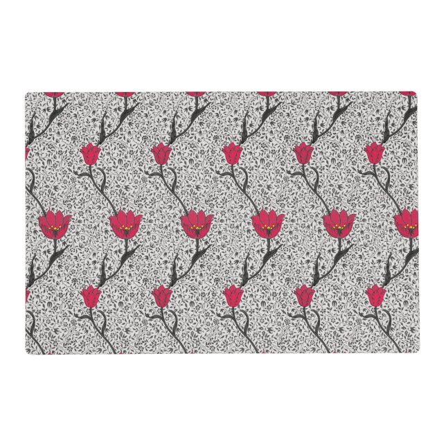 Art Nouveau Tulip Damask, Grey and Red Placemat (Front)