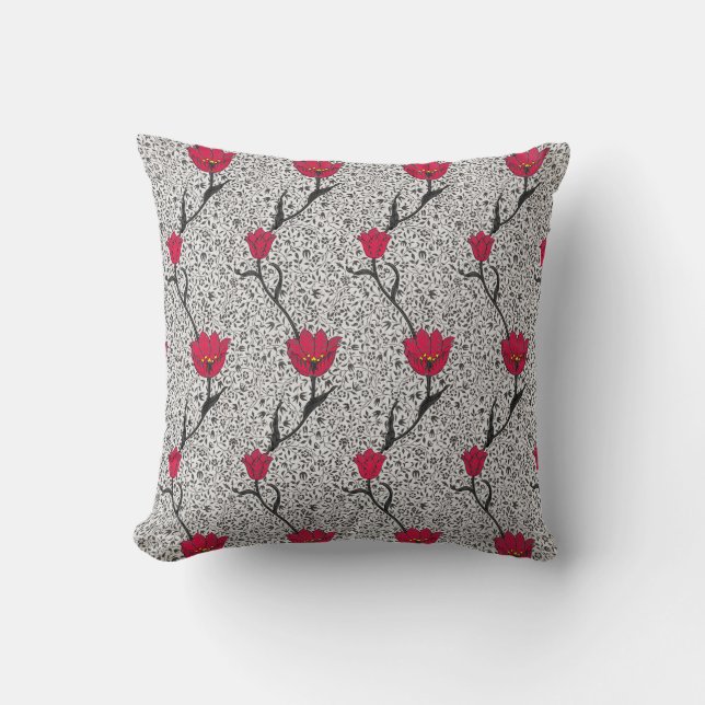 Art Nouveau Tulip Damask, Grey and Red Throw Pillow (Front)