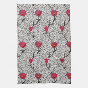 Art Nouveau Tulip Damask, Grey and Red Towel