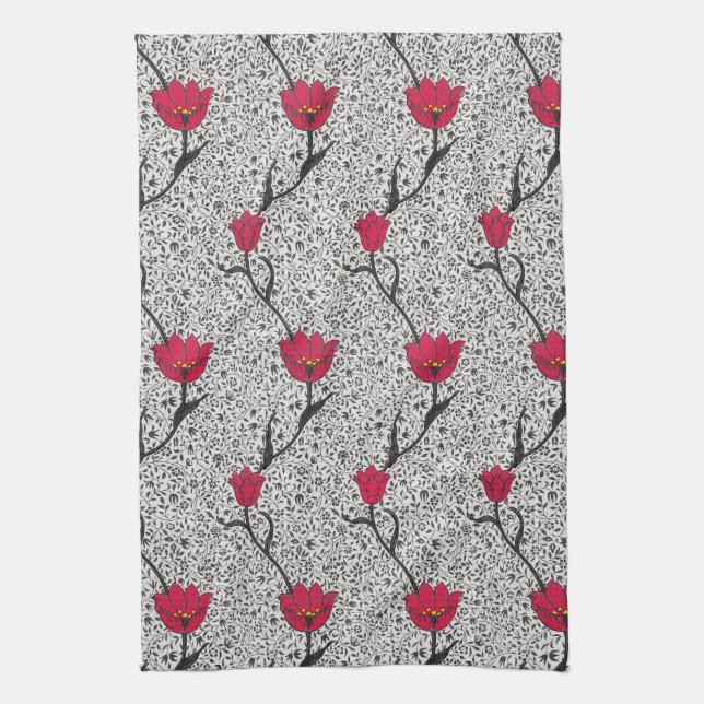 Art Nouveau Tulip Damask, Grey and Red Towel (Vertical)
