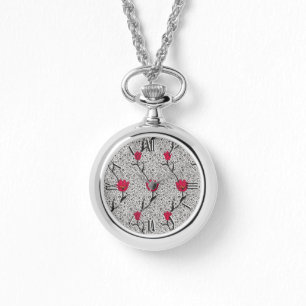 Art Nouveau Tulip Damask, Grey and Red Watch
