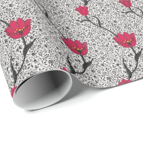 Art Nouveau Tulip Damask Grey and Red Wrapping Paper