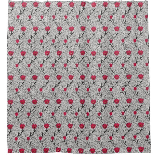 Art Nouveau Tulip Damask, Grey / Gray and Red Shower Curtain (Front)