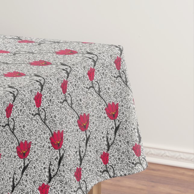 Art Nouveau Tulip Damask, Grey / Gray and Red Tablecloth (In Situ)