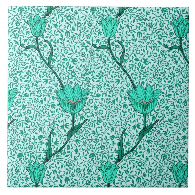 Art Nouveau Tulip Damask, Turquoise Ceramic Tile (Front)