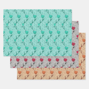 Art Nouveau Tulip Damask, Turquoise, Gray, Coral Wrapping Paper Sheets