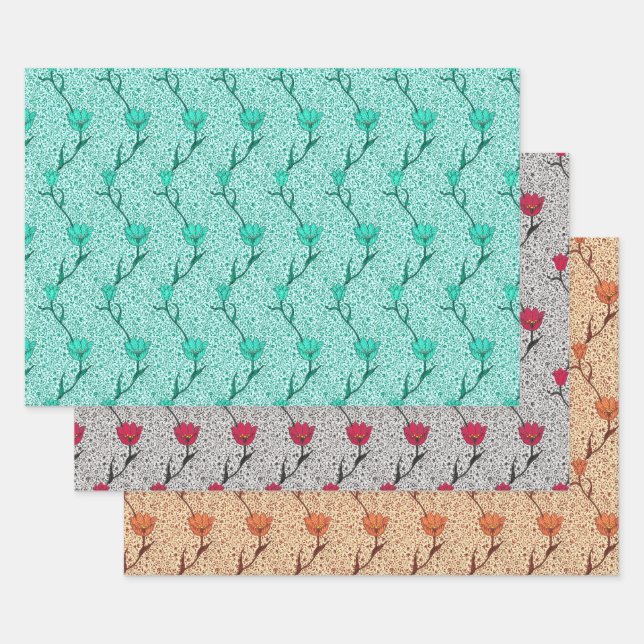 Art Nouveau Tulip Damask, Turquoise, Gray, Coral Wrapping Paper Sheets (Set)