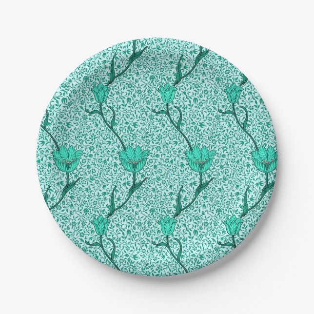 Art Nouveau Tulip Damask, Turquoise Paper Plates (Front)