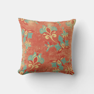 Art Nouveau Turquoise Orange Floral Throw Pillow