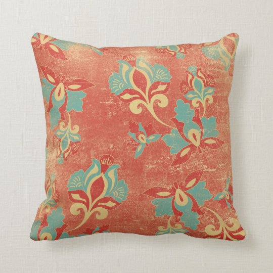 Art Nouveau Turquoise Orange Floral Throw Pillow