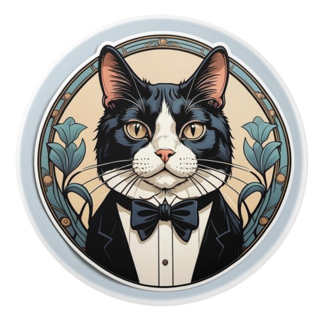 Art Nouveau Tuxedo Cat Ceramic Knob (Front)