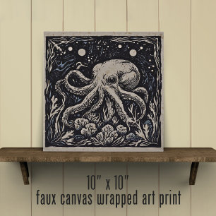 Art Nouveau Underwater Seaweed Octopus Ocean Faux Canvas Print