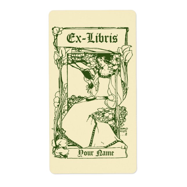 Art Nouveau Victorian Era Ex Libris Lady Template Label (Front)