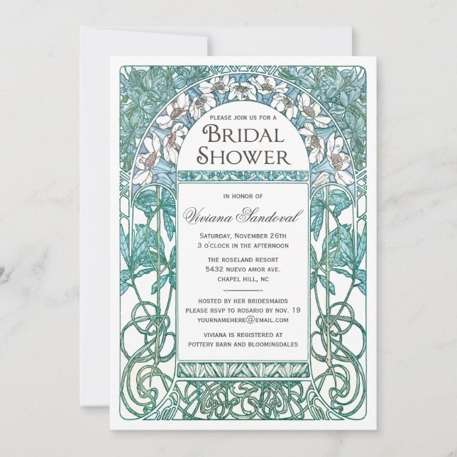 Art Nouveau Vintage Bridal Shower Invitations Blue (Front)