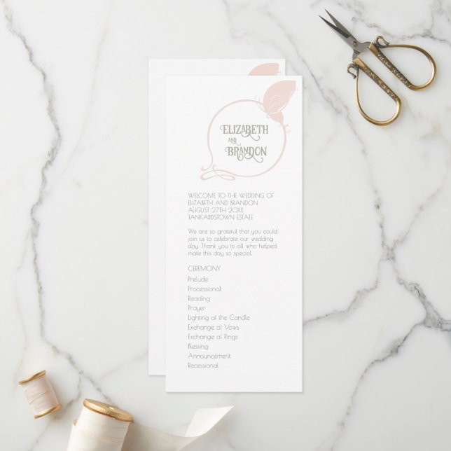 Art Nouveau Vintage Butterfly Blush Pink Wedding Program (Front/Back In Situ)