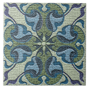 Art Nouveau Vintage Crackled Blue And Green Ceramic Tile