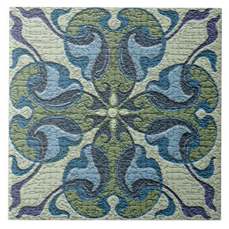 Art Nouveau Vintage Crackled Blue And Green Ceramic Tile