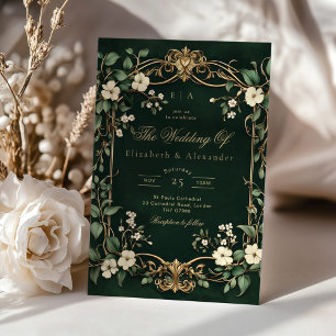 Art Nouveau Vintage Floral Green and gold Wedding Invitation