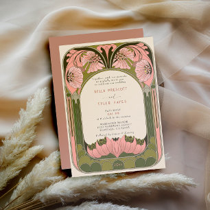 Art Nouveau Vintage Floral Pink Green Wedding Invitation