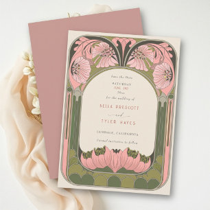 Art Nouveau Vintage Floral Pink Green Wedding Save The Date