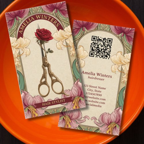 Art Nouveau Vintage Hair Stylist Gold Scissors Business Card