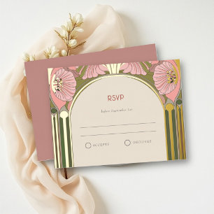 Art Nouveau Vintage Pink Green Gold Wedding RSVP Foil Holiday Postcard