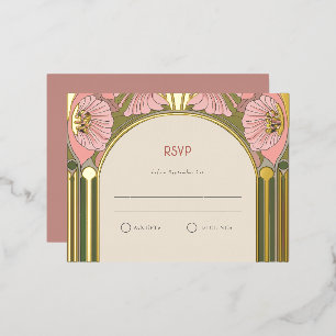 Art Nouveau Vintage Pink Green Gold Wedding RSVP Foil Holiday Postcard
