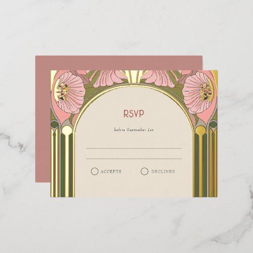 Art Nouveau Vintage Pink Green Gold Wedding RSVP Foil Holiday Postcard