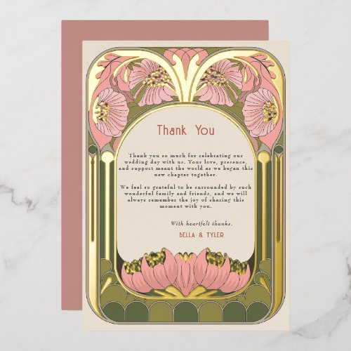 Art Nouveau Vintage Pink Green Wedding Thank You Foil Invitation