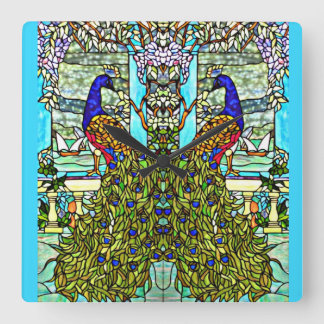 Art Nouveau Vintage Tiffany Stained Glass Peacock Square Wall Clock