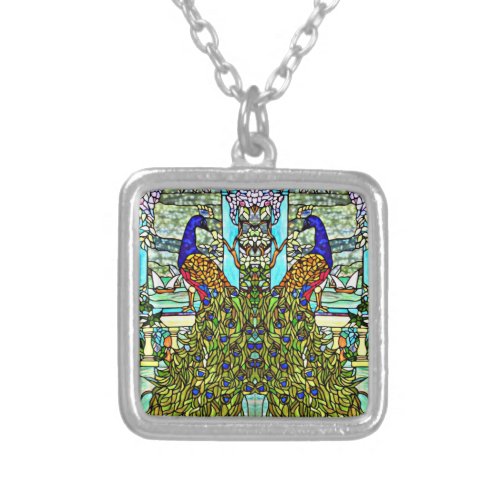 Art Nouveau VintageTiffany Stained Glass Peacock Silver Plated Necklace