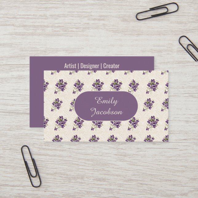 Art Nouveau Violet Floral Pattern Business Card (Front/Back In Situ)