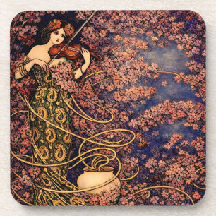 Art Nouveau Violinist in Blossoms – Vintage Floral Beverage Coaster
