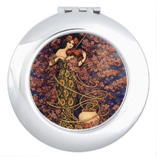 Art Nouveau Violinist in Blossoms – Vintage Floral Compact Mirror
