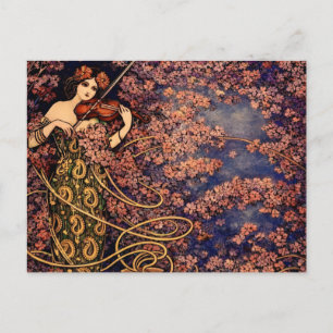 Art Nouveau Violinist in Blossoms – Vintage Floral Postcard