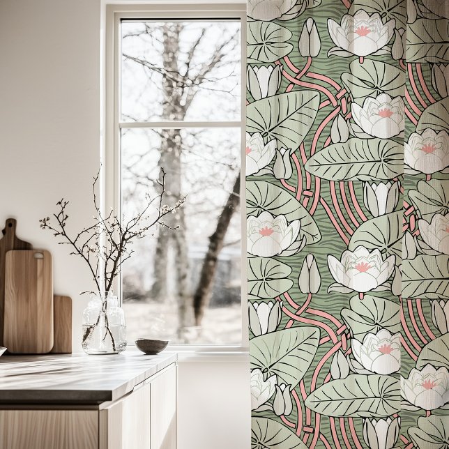 Art Nouveau Water Lily Soft Green, Pink, White Sheer Curtains (Creator Uploaded)