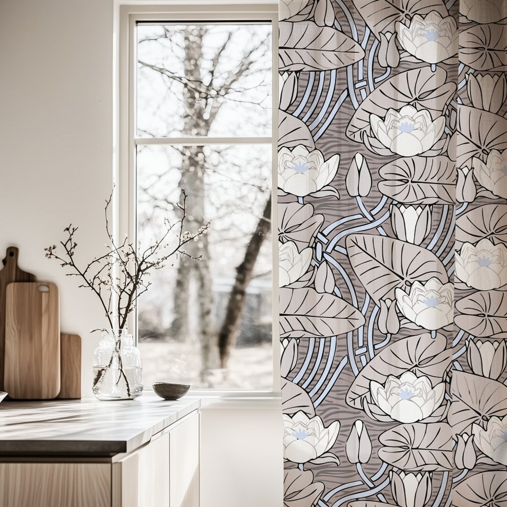 Art Nouveau Water Lily Taupe Blue White Sheer Curtains