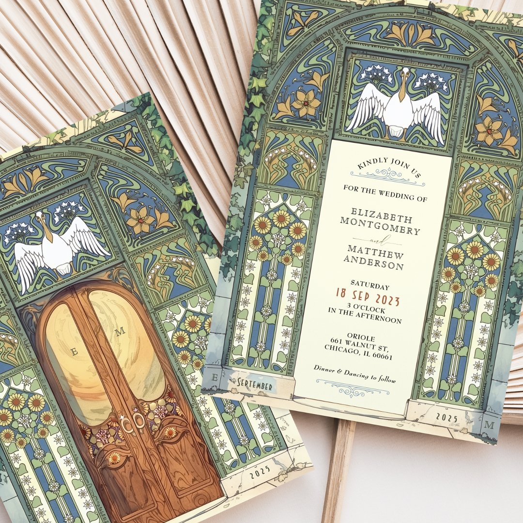 Art Nouveau Wedding Blue, Gold, Green Arch                    Invitation