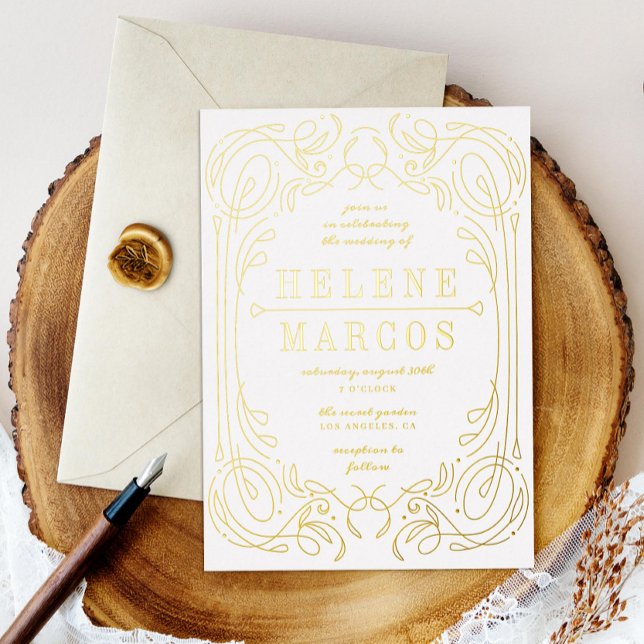 Art Nouveau Wedding Flowing Linework Gold Foil Invitation (Creator Uploaded)