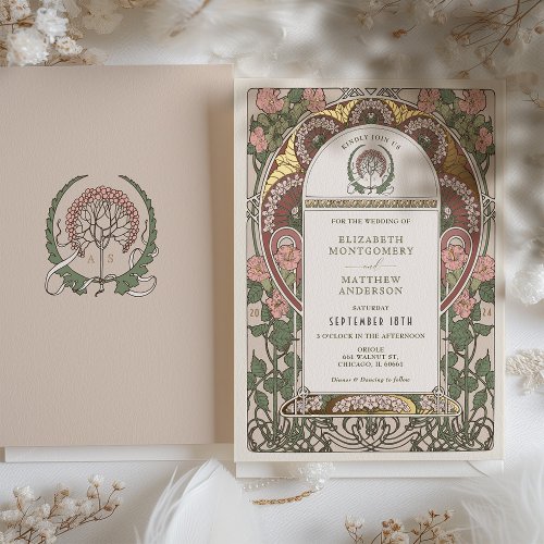 Art Nouveau Wedding Gold Accents Botanical Foil Invitation