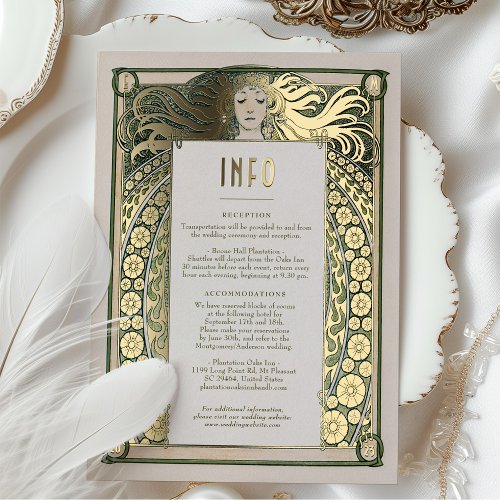 Art Nouveau Wedding Info Details Gold Green Mucha Foil Invitation