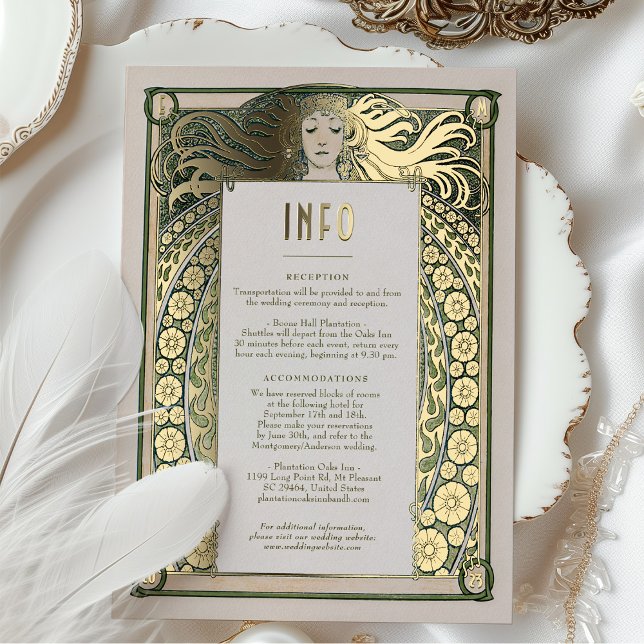 Art Nouveau Wedding Info Details Gold Green Mucha Foil Invitation (Creator Uploaded)