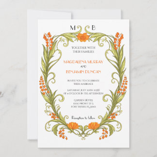 Art Nouveau Wedding Invitation Floral Orange Green