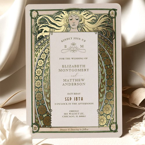 Art Nouveau Wedding Invitation Gold Green by Mucha Foil Invitation