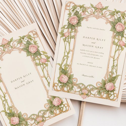 Art Nouveau Wedding Pink Roses and Greenery Invitation