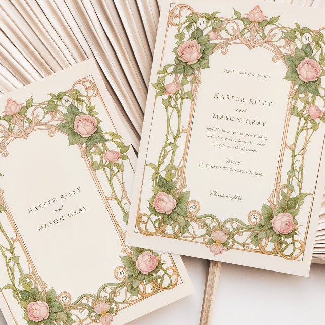 Art Nouveau Wedding Pink Roses and Greenery Invitation (Creator Uploaded)