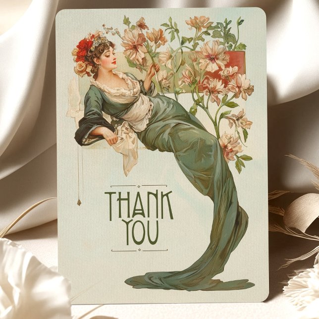 Art Nouveau Wedding Thank You Card Green Floral (Creator Uploaded)