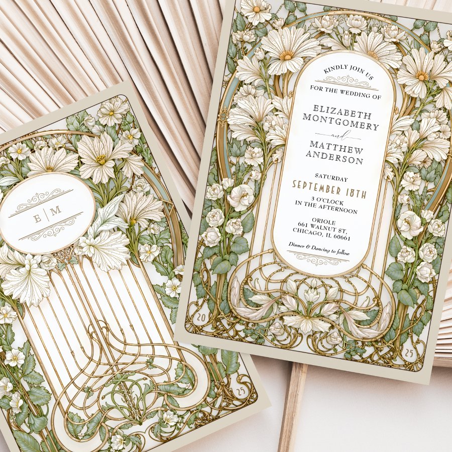 Art Nouveau Wedding Vintage Floral Faux Gold Invitation
