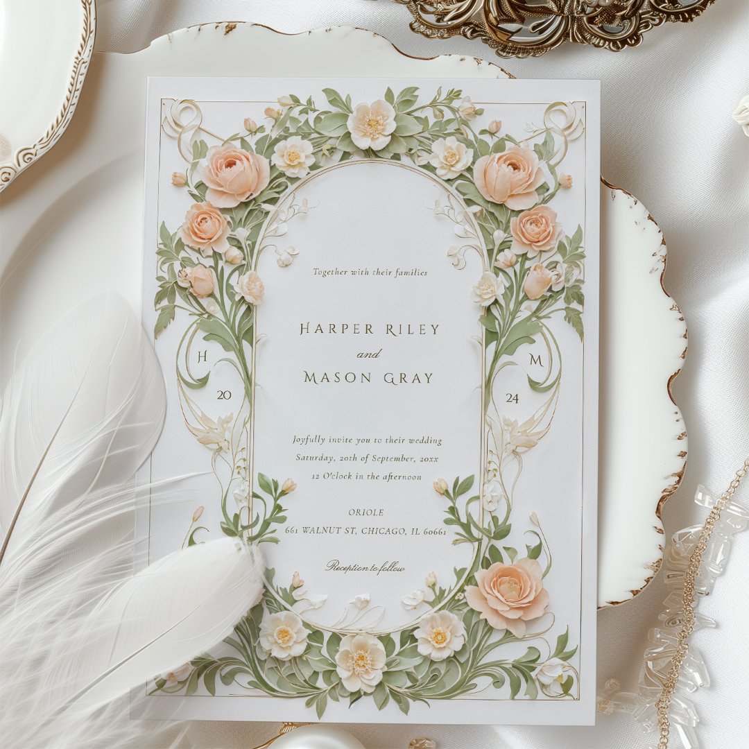 Art Nouveau Wedding with Peach Ranunculus                    Invitation