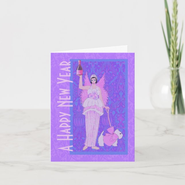 Art Nouveau Westie Dog Pink Purple New Year Card (Front)